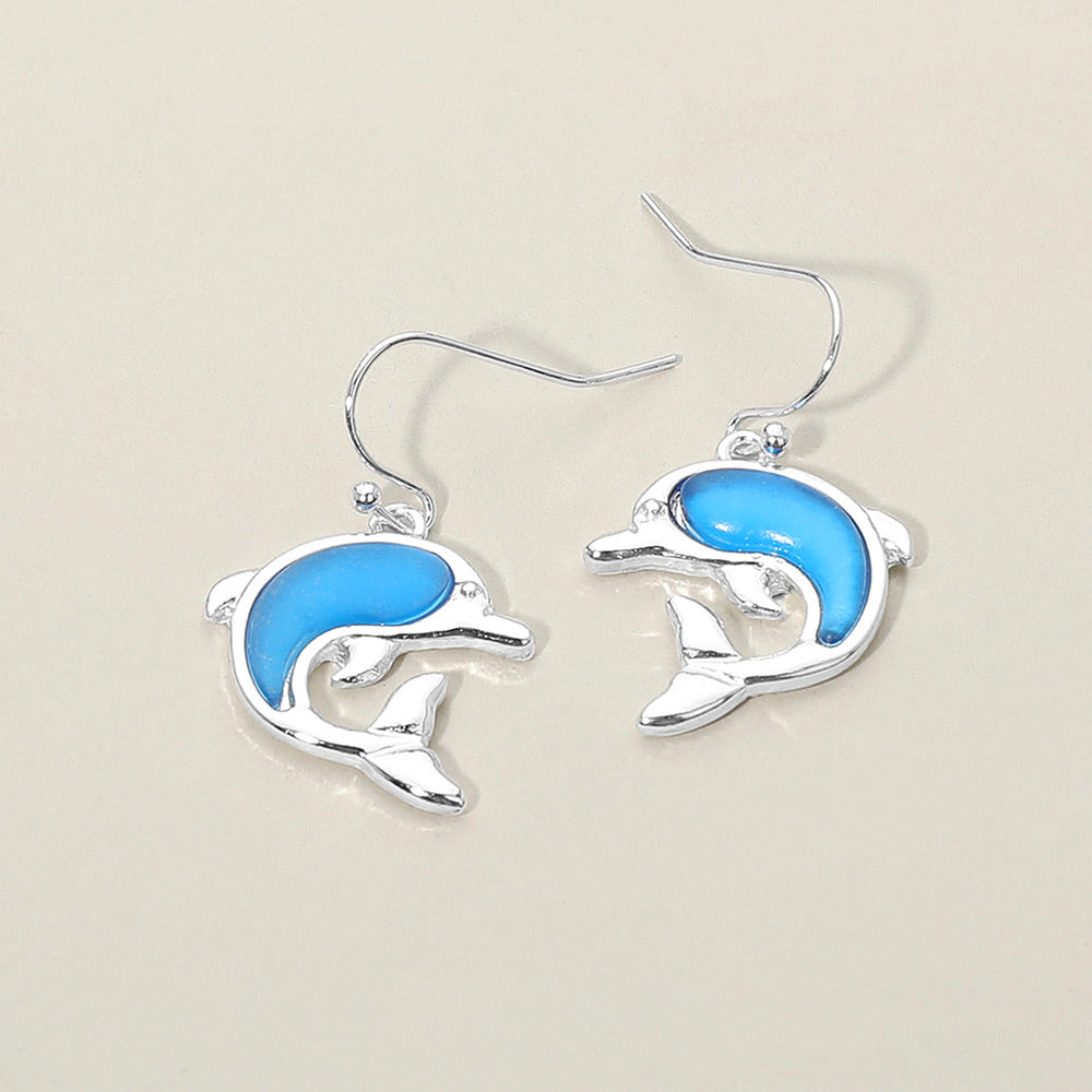 Madeline Love Blue, Silver Sea Glass Dolphin Charm Drop Dangle Earrings