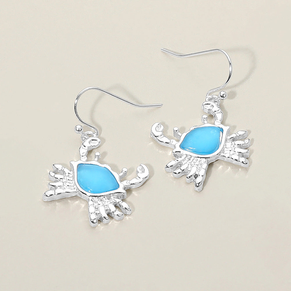 Madeline Love Blue, Silver Sea Glass Crab Charm Drop Dangle Earrings