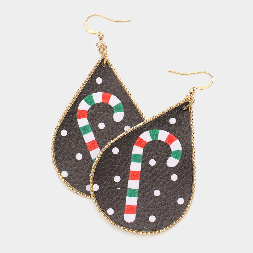 Madeline Love Black Candy Cane Print Faux Leather Teardrop Earrings
