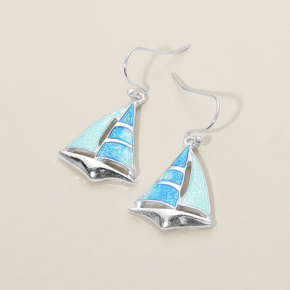 Madeline Love Blue, Silver Sailboat Charm Drop Dangle Earrings