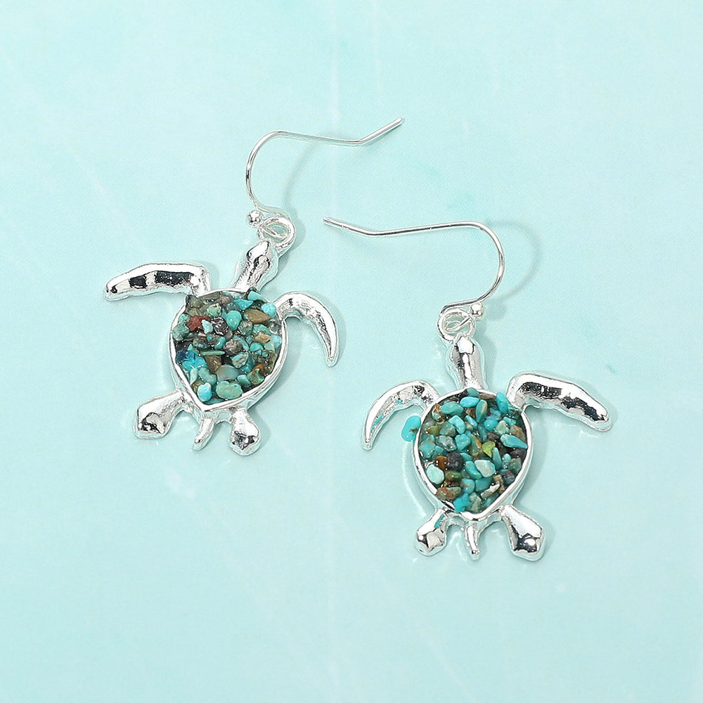 Madeline Love Silver, Turquoise Crushed Pebble Sea Turtle Dangle Earrings