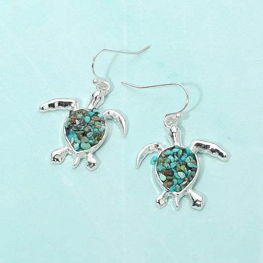 Madeline Love Silver, Turquoise Crushed Pebble Sea Turtle Dangle Earrings