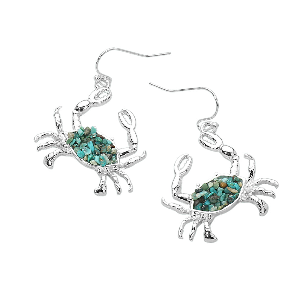 Madeline Love Silver, Turquoise Crushed Pebble Crab Dangle Earrings - desc