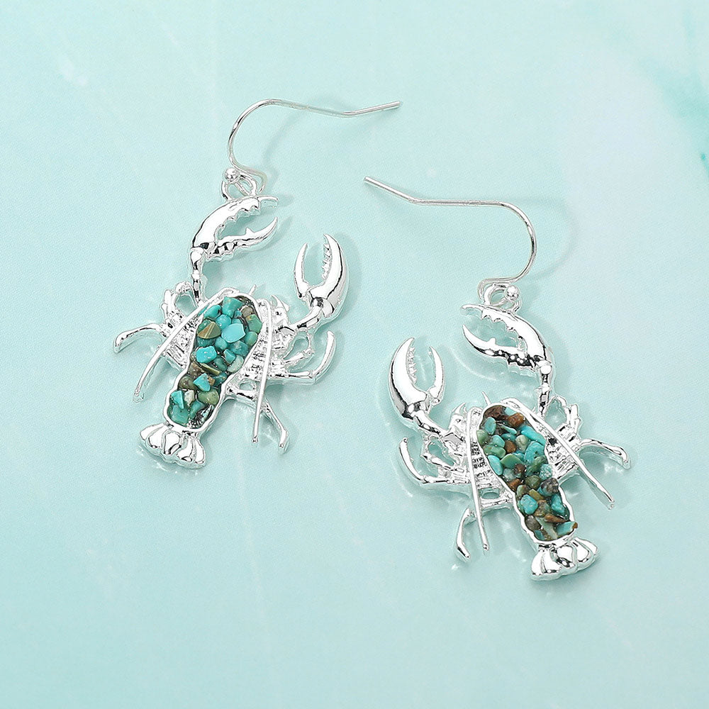 Madeline Love Silver, Turquoise Crushed Pebble Lobster Dangle Earrings