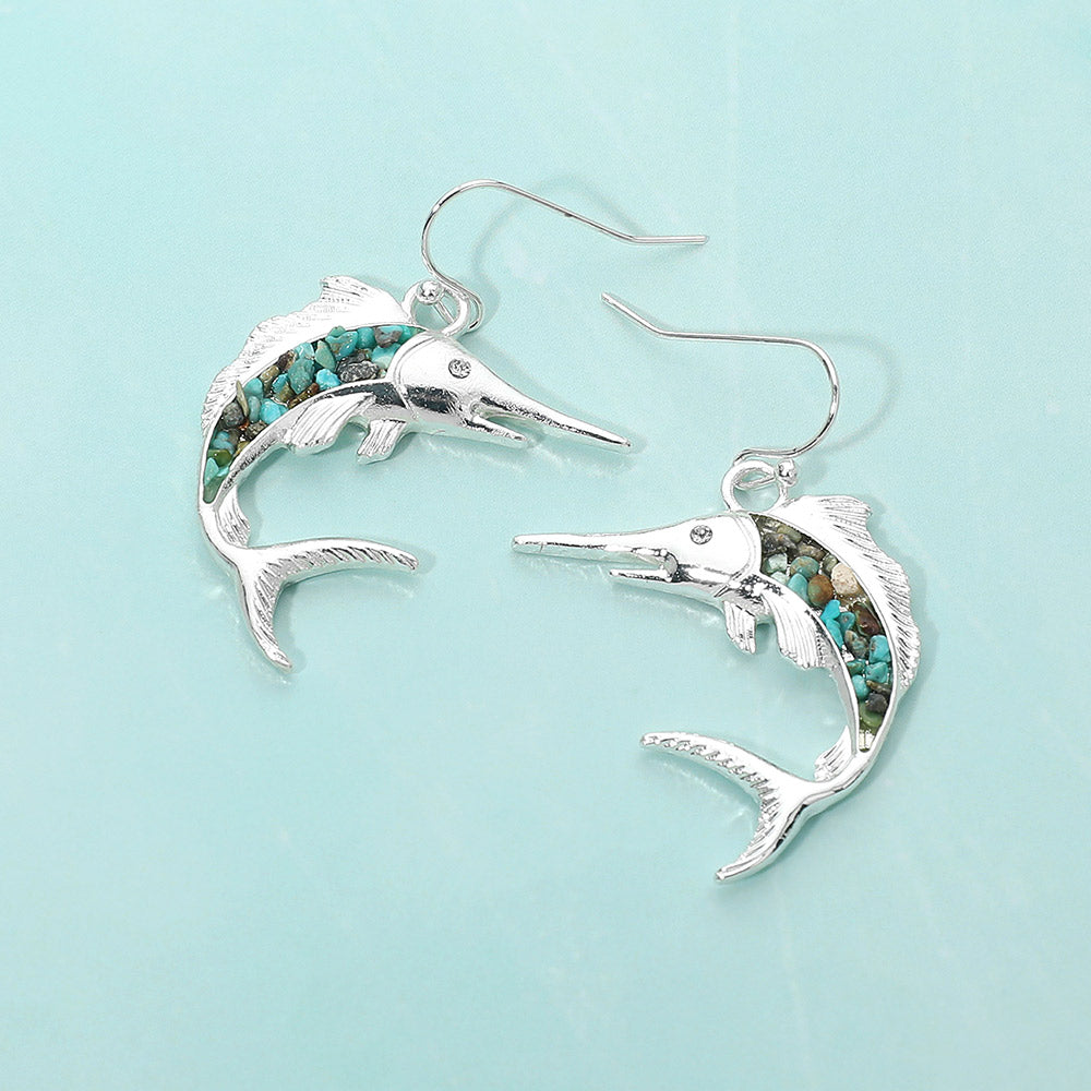 Madeline Love Silver, Turquoise Crushed Pebble Swordfish Dangle Earrings