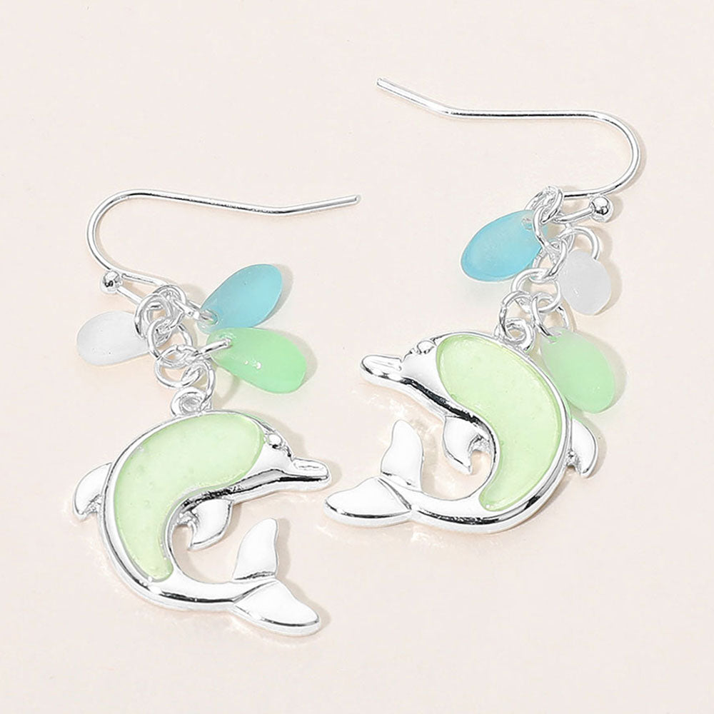 Madeline Love Mint, Silver Sea Glass Dolphin Drop Dangle Earrings