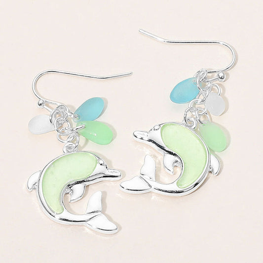 Madeline Love Mint, Silver Sea Glass Dolphin Drop Dangle Earrings