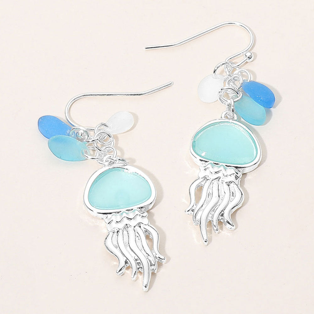 Madeline Love Blue, Silver Sea Glass Jellyfish Drop Dangle Earrings