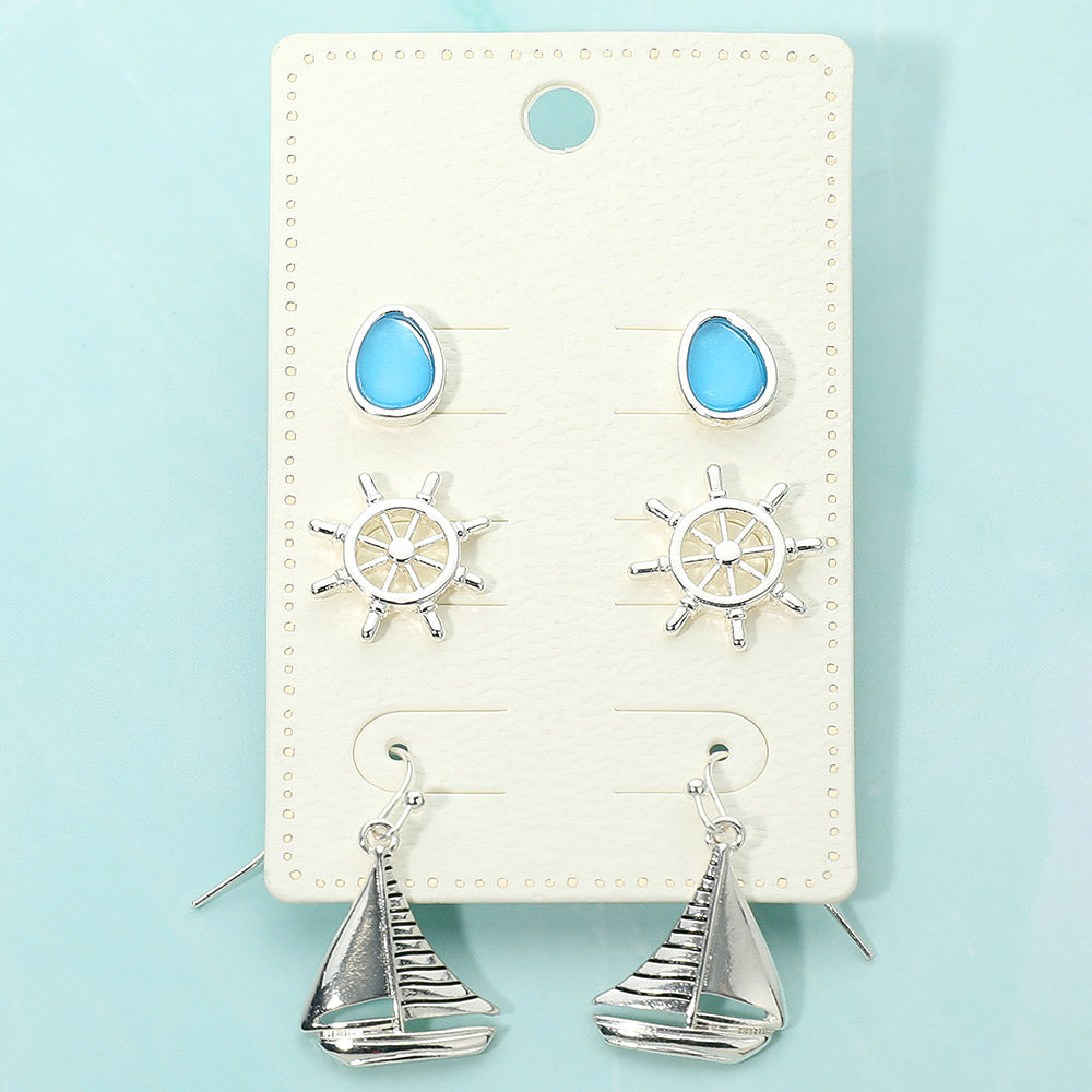 Madeline Love Antique Silver, Blue 3Pairs - Sea Glass Nautical Anchor Stud Metal Boat Drop Dangle Earring Set - Earrings
