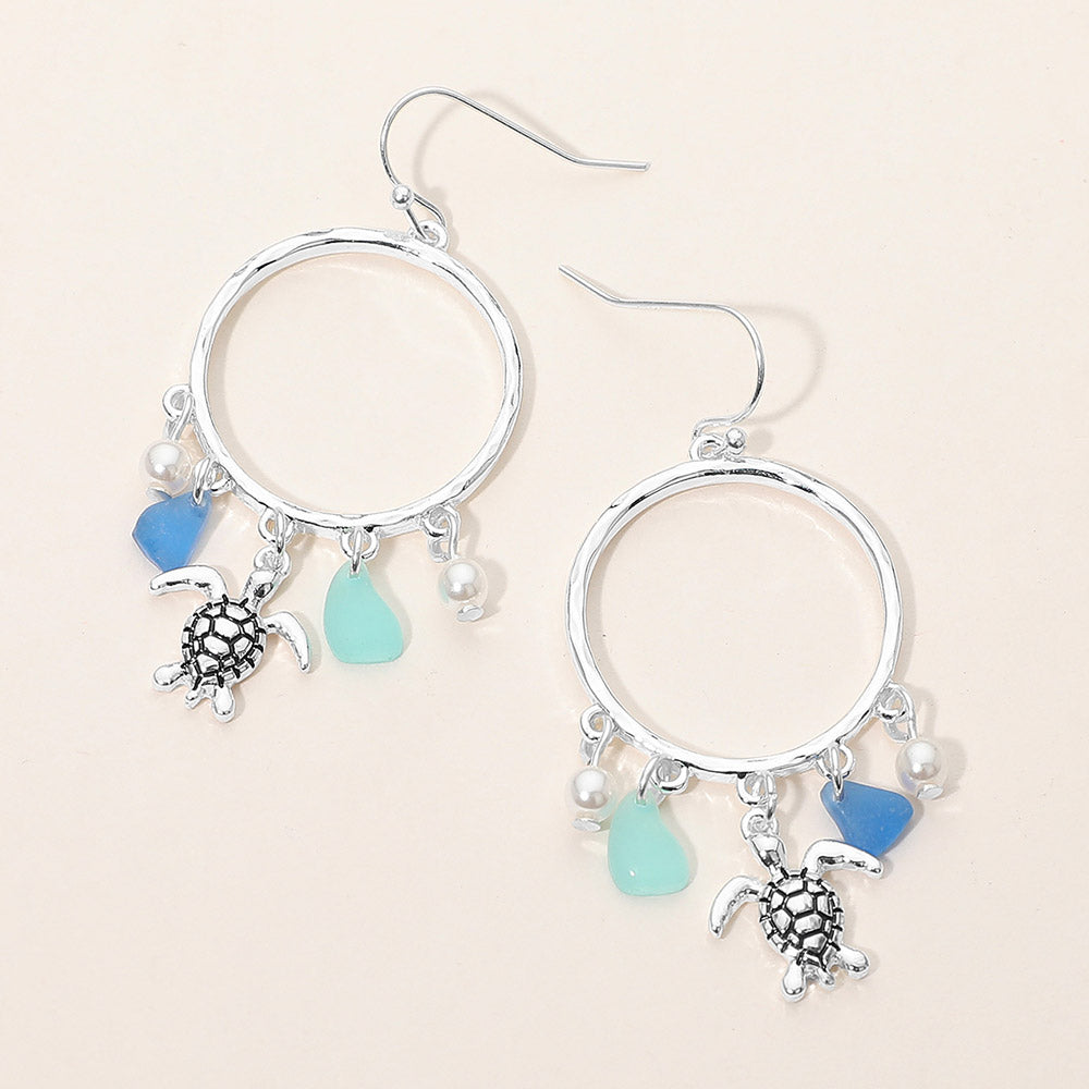 Madeline Love Antique Silver, Blue Sea Turtle Sea Glass Charm Drop Open Ring Dangle Earrings