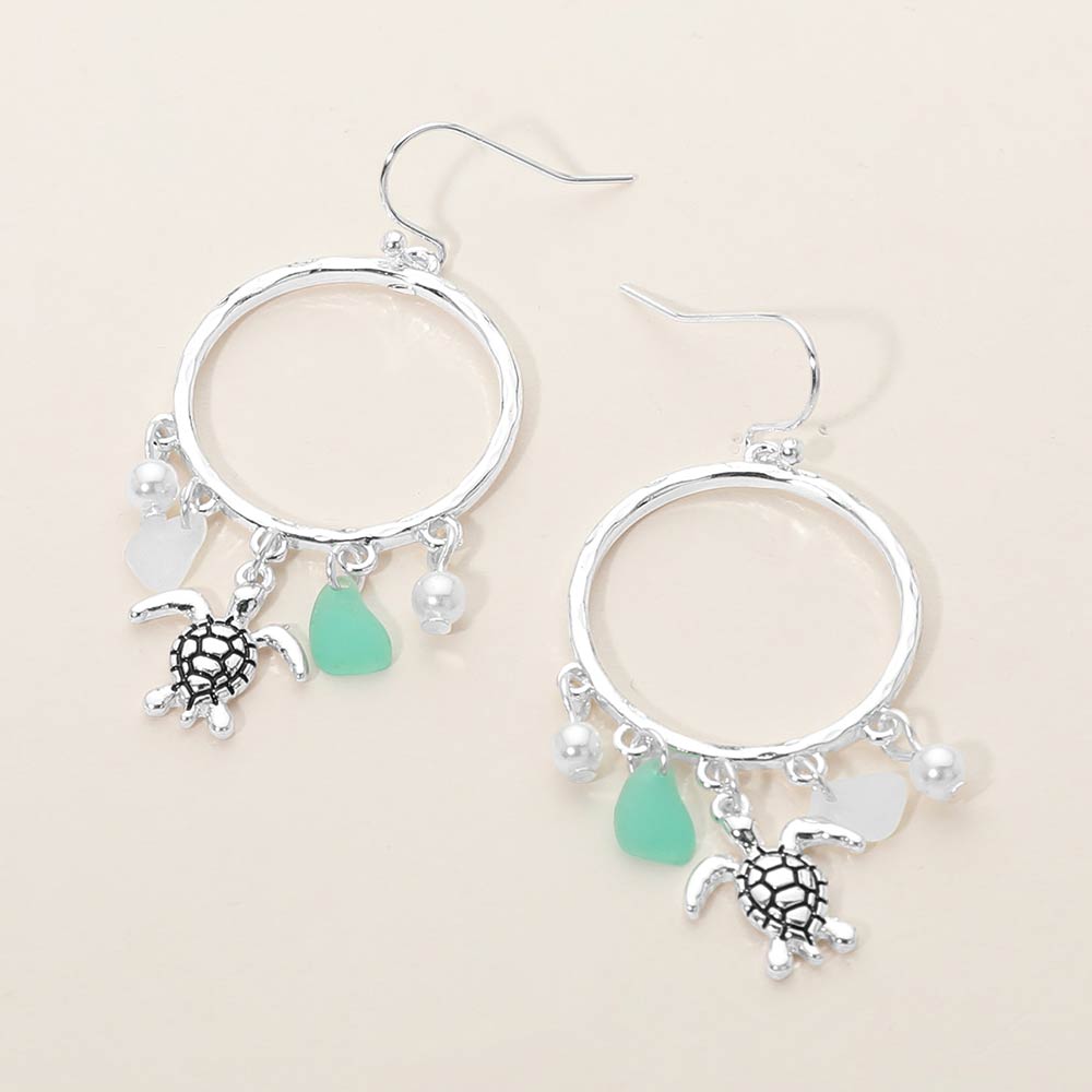 Madeline Love Antique Silver, Mint Sea Turtle Sea Glass Charm Drop Open Ring Dangle Earrings