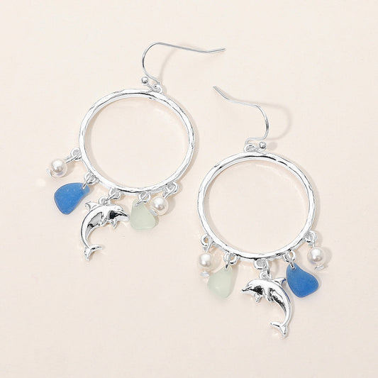 Madeline Love Antique Silver, Blue Dolphin Sea Glass Charm Drop Open Ring Dangle Earrings