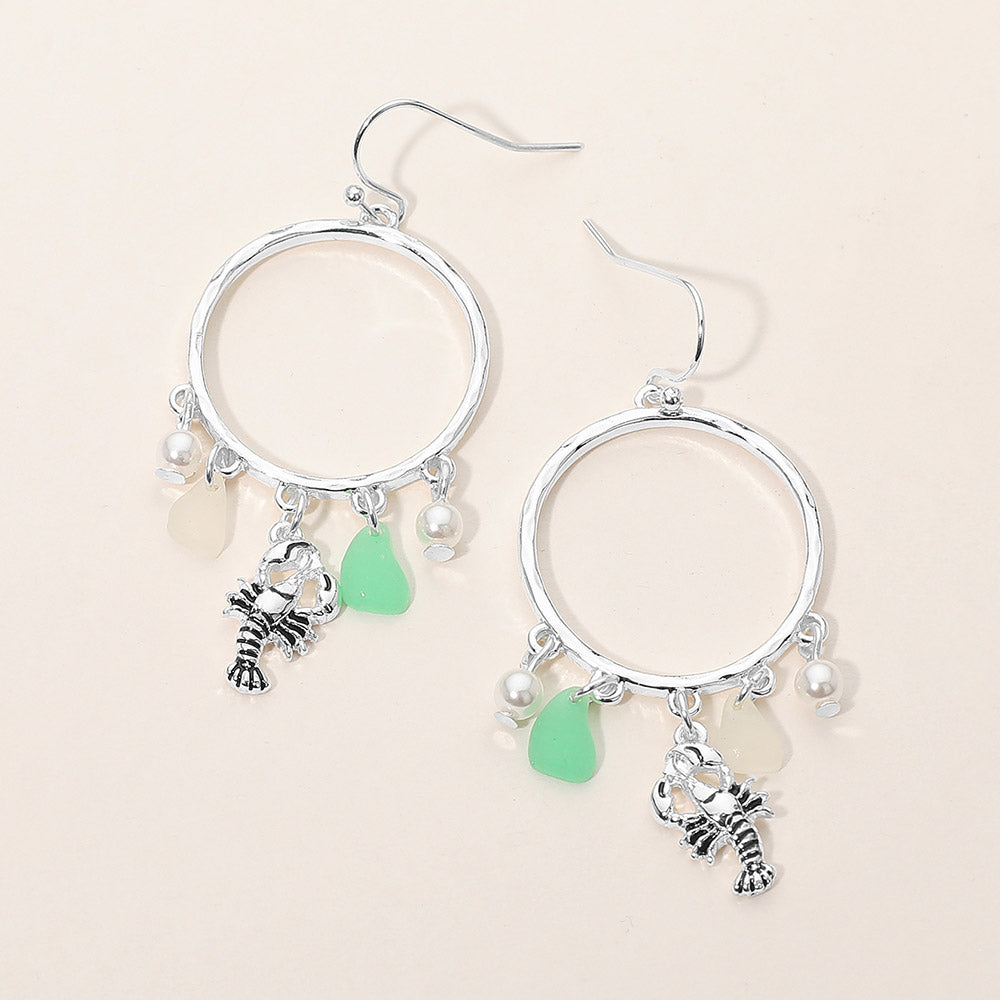 Madeline Love Antique Silver, Mint Lobster Sea Glass Charm Drop Open Ring Dangle Earrings