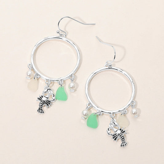 Madeline Love Antique Silver, Mint Lobster Sea Glass Charm Drop Open Ring Dangle Earrings