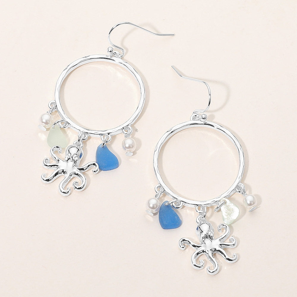 Madeline Love Antique Silver, Blue Octopus Sea Glass Charm Drop Open Ring Dangle Earrings