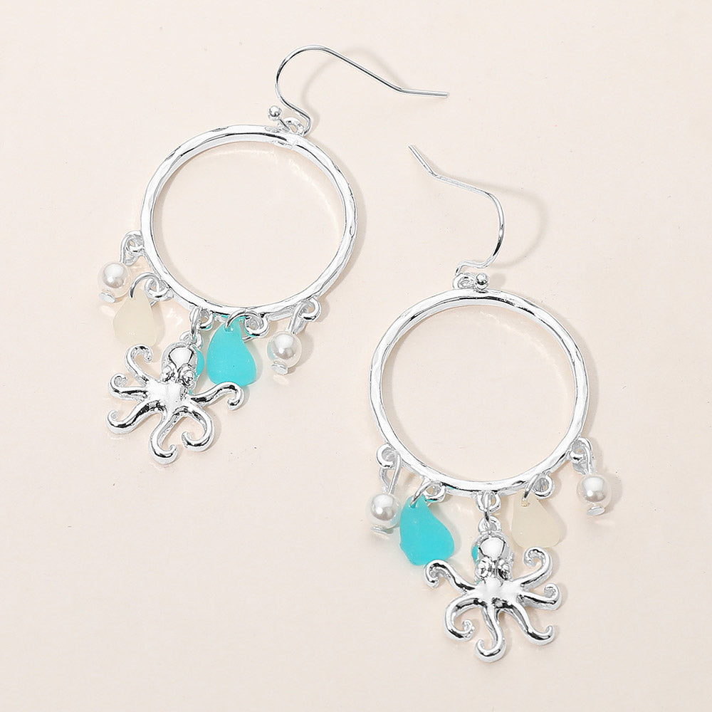 Madeline Love Antique Silver, Mint Octopus Sea Glass Charm Drop Open Ring Dangle Earrings