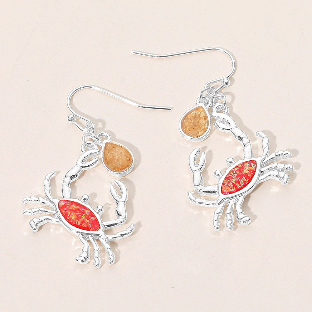 Madeline Love Red, Silver Crab Teardrop Charm Drop Dangle Earrings