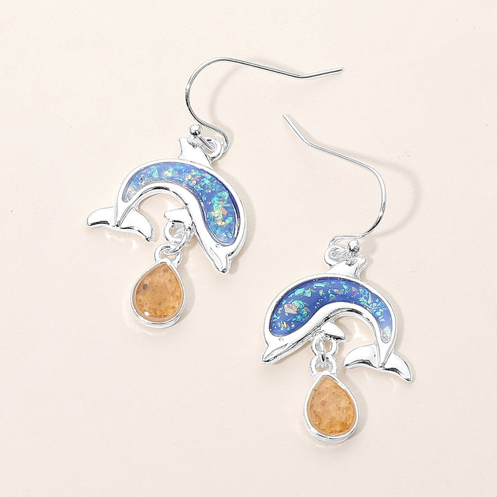 Madeline Love Blue, Silver Dolphin Teardrop Charm Dangle Earrings