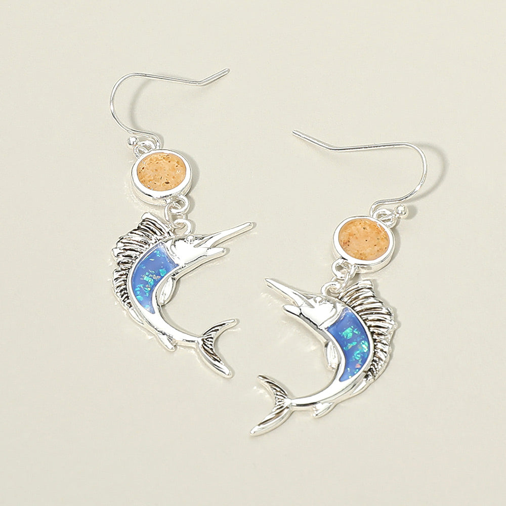 Madeline Love Antique Silver, Blue Round Swordfish Charm Link Drop Dangle Earrings