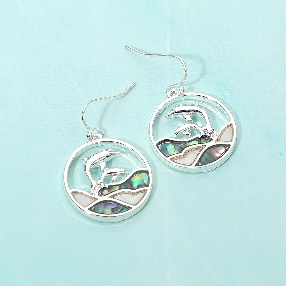 Madeline Love Multi, Silver Abalone Double Dolphin Wave Round Dangle Earrings