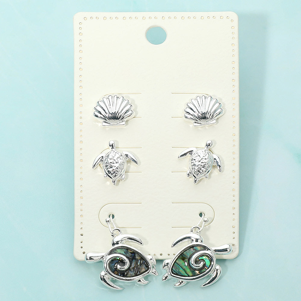 Madeline Love Abalone, Silver 3Pairs - Metal Shell Turtle Stud Abalone Stud Drop Dangle Earring Set - Earrings