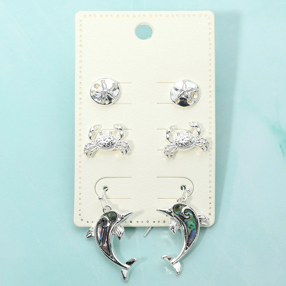 Madeline Love Abalone, Silver 3Pairs - Metal Sand Dollar Crab Stud Abalone Dolphin Drop Dangle Earring Set - Earrings