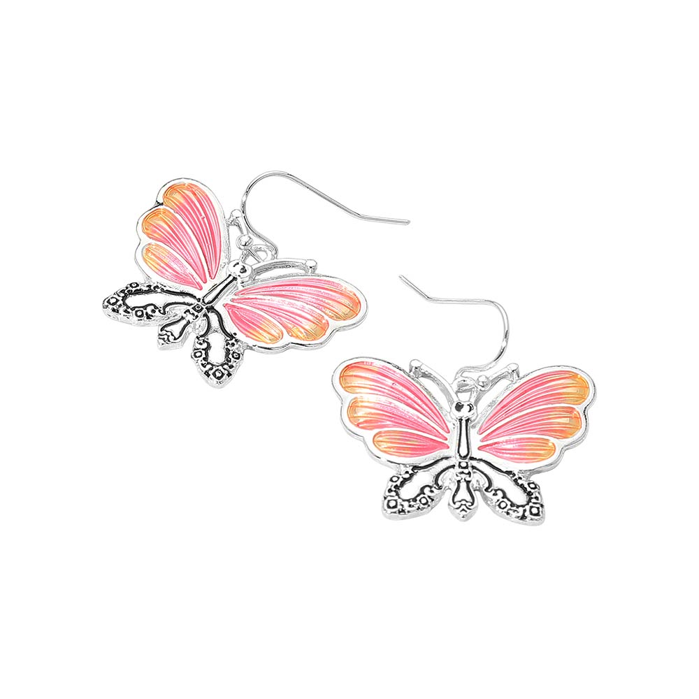 Madeline Love Antique Silver, Pink Butterfly Charm Drop Dangle Earrings - desc