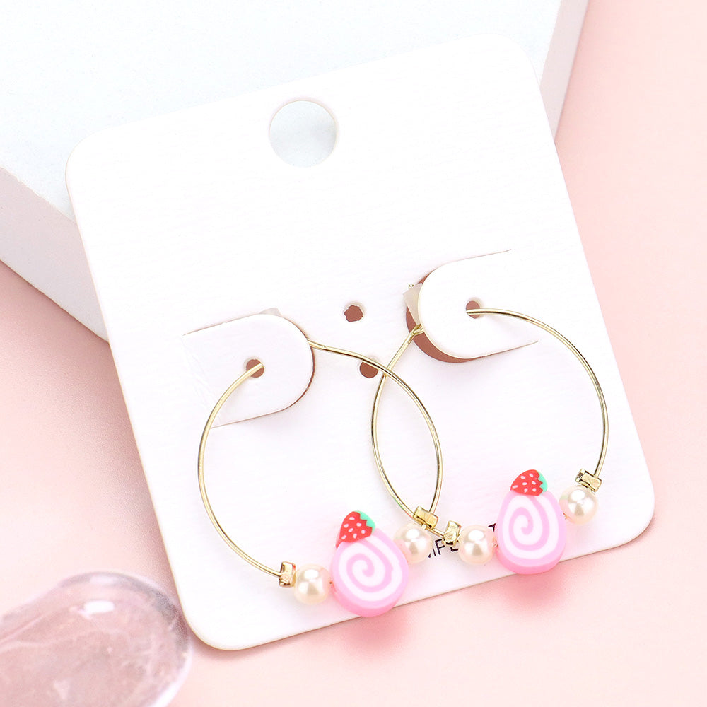 Madeline Love Pink Pearl Strawberry Cake Accented Metal Hoop Earrings