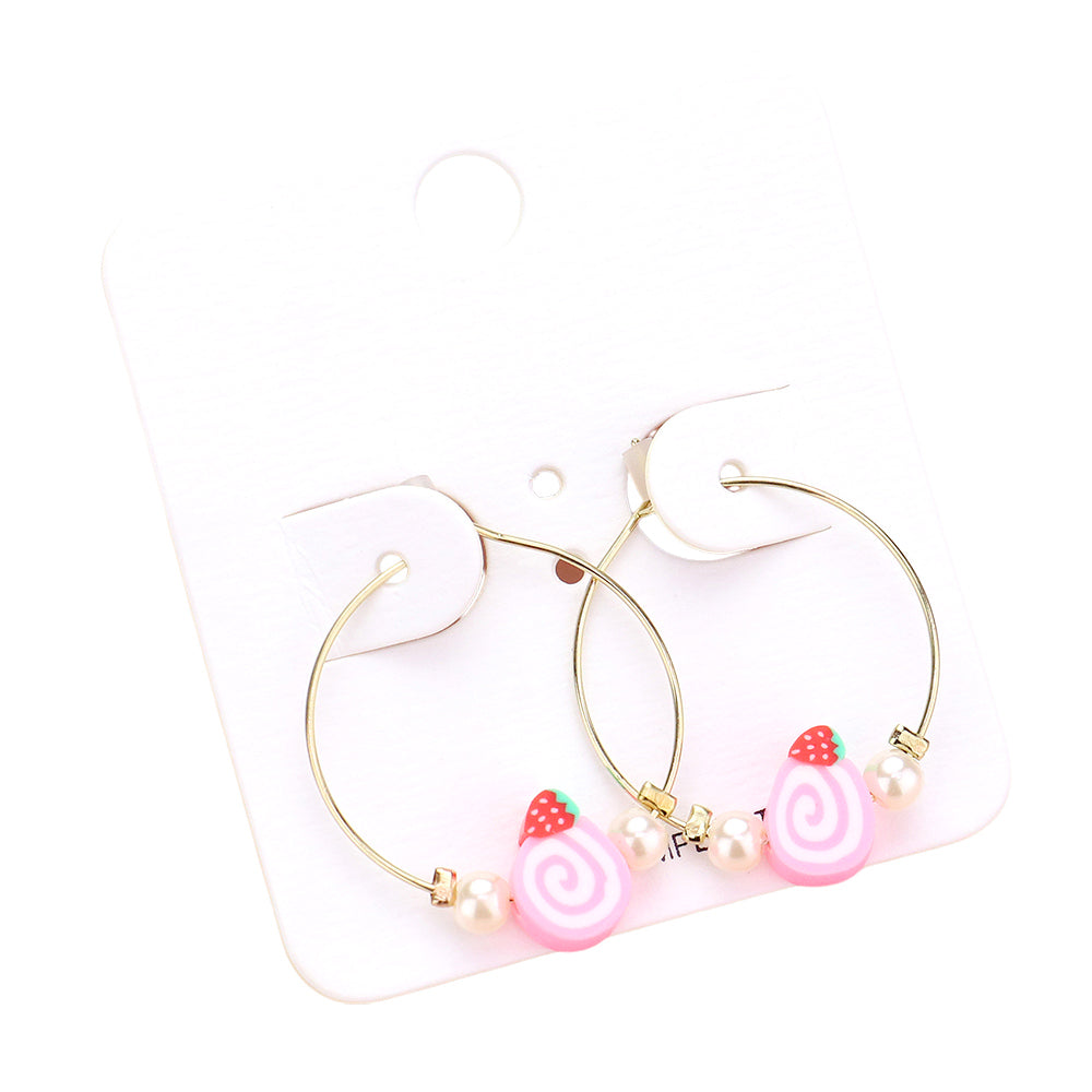 Madeline Love Pink Pearl Strawberry Cake Accented Metal Hoop Earrings - desc