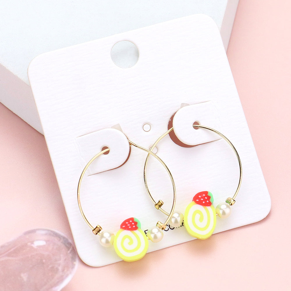 Madeline Love Yellow Pearl Strawberry Cake Accented Metal Hoop Earrings