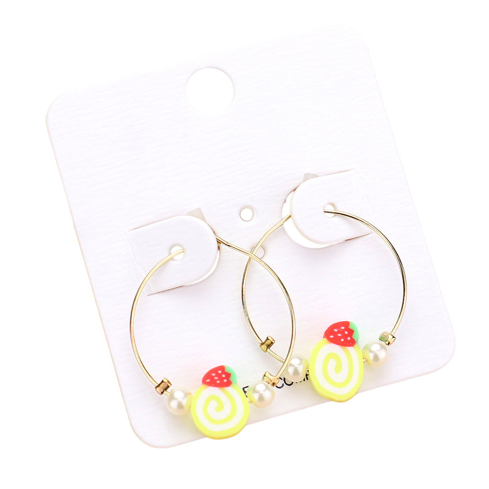 Madeline Love Yellow Pearl Strawberry Cake Accented Metal Hoop Earrings - desc