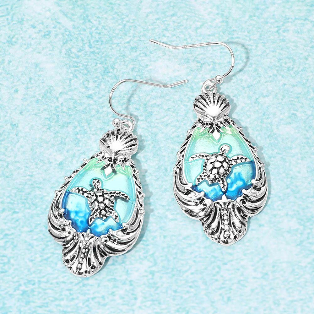 Madeline Love Antique Silver, Multi Sea Turtle Shell Frame Drop Earrings
