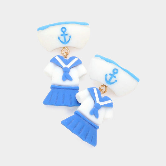Madeline Love Blue Polymer Clay Anchor Detail Hat Clothes Link Dangle Earrings