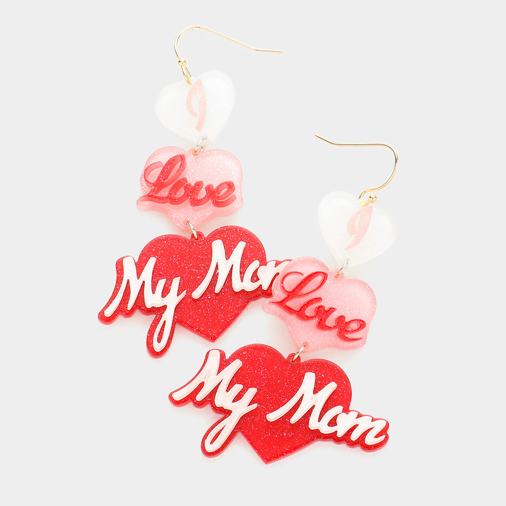 Madeline Love Red I Love My Mom Glittered Resin Triple Heart Message Link Dangle Earrings