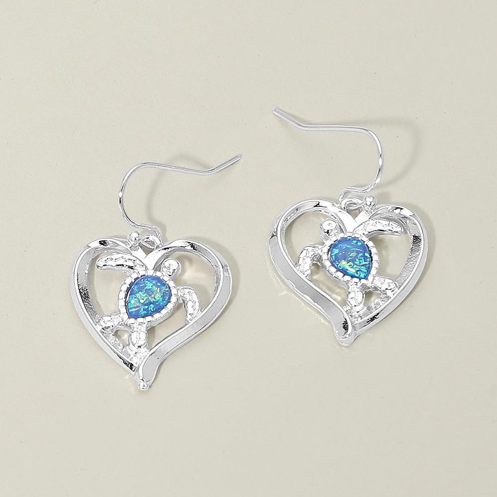 Madeline Love Blue, Silver Sea Turtle Accent Heart Charm Drop Earrings