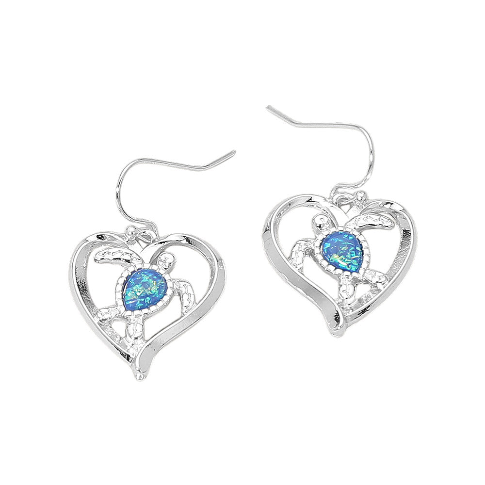 Madeline Love Blue, Silver Sea Turtle Accent Heart Charm Drop Earrings - desc