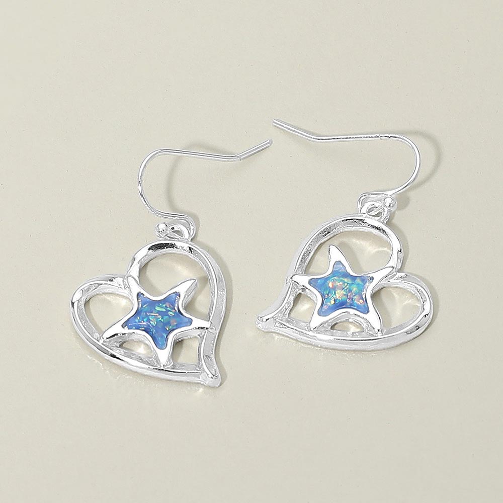 Madeline Love Blue, Silver Starfish Accent Heart Charm Drop Earrings