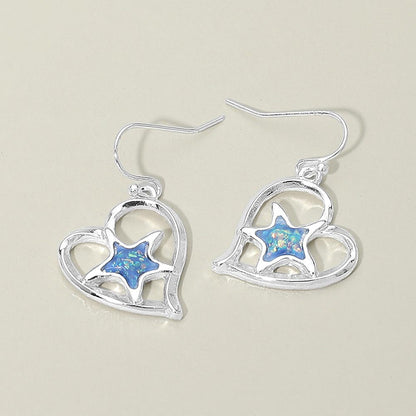 Madeline Love Blue, Silver Starfish Accent Heart Charm Drop Earrings