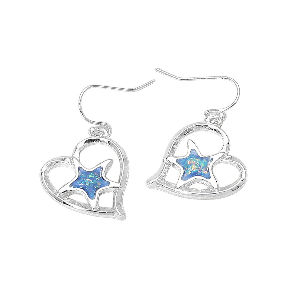 Madeline Love Blue, Silver Starfish Accent Heart Charm Drop Earrings - desc