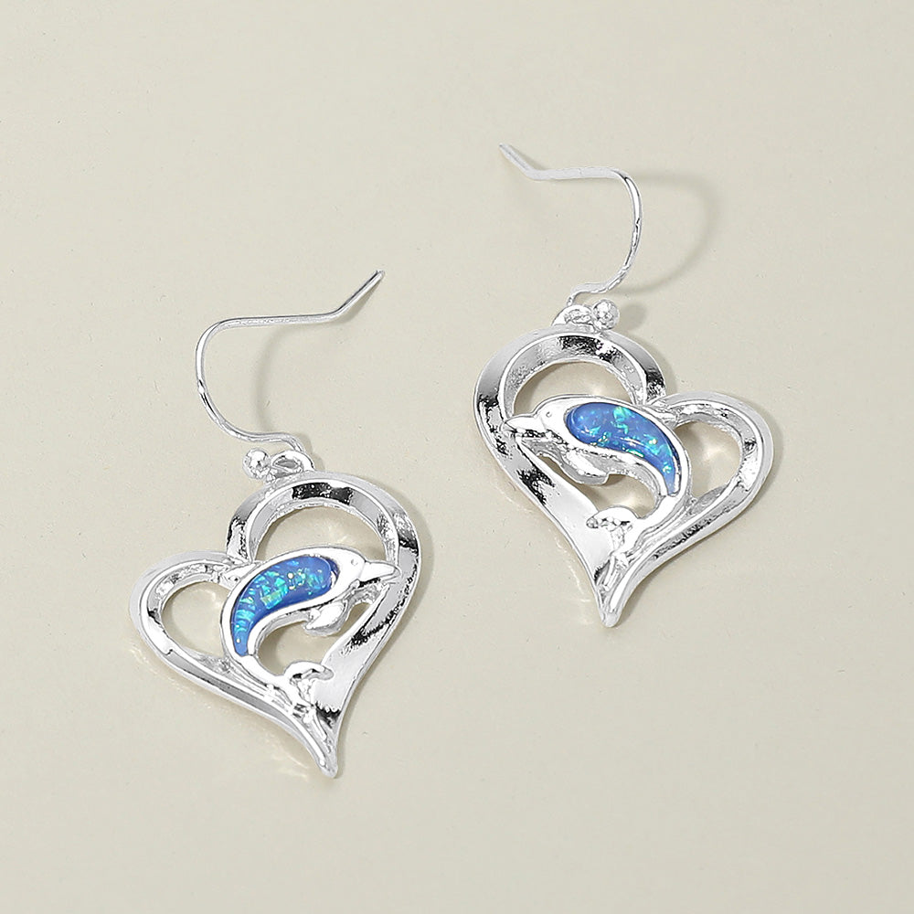 Madeline Love Blue, Silver Dolphin Accent Heart Charm Drop Earrings
