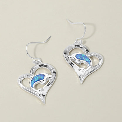 Madeline Love Blue, Silver Dolphin Accent Heart Charm Drop Earrings