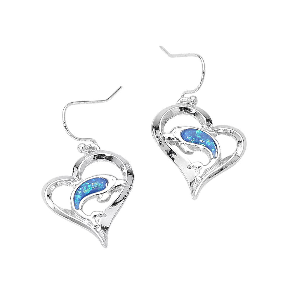Madeline Love Blue, Silver Dolphin Accent Heart Charm Drop Earrings - desc