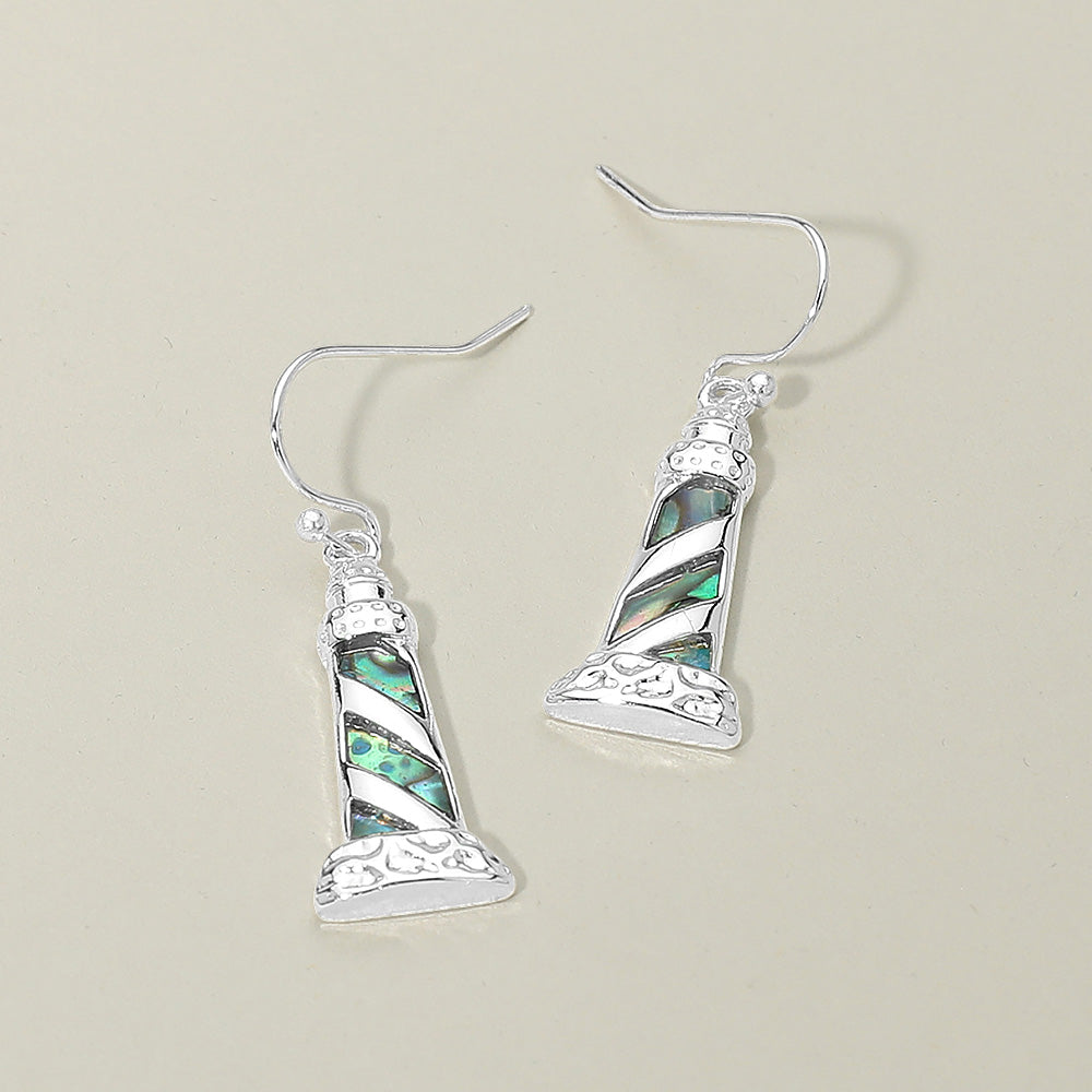 Madeline Love Abalone, Silver Abalone Lighthouse Charm Drop Earrings