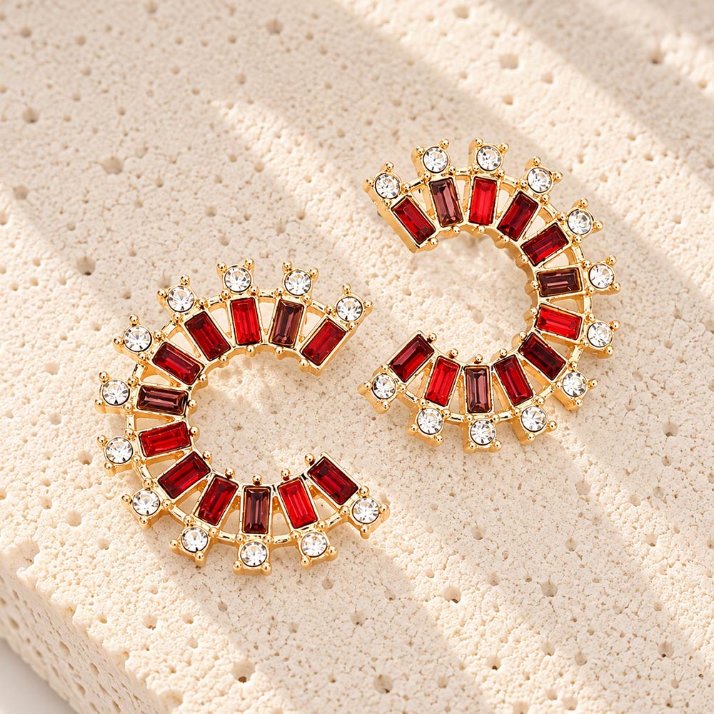 Madeline Love Red Round Rectangle Stone C Shaped Earrings