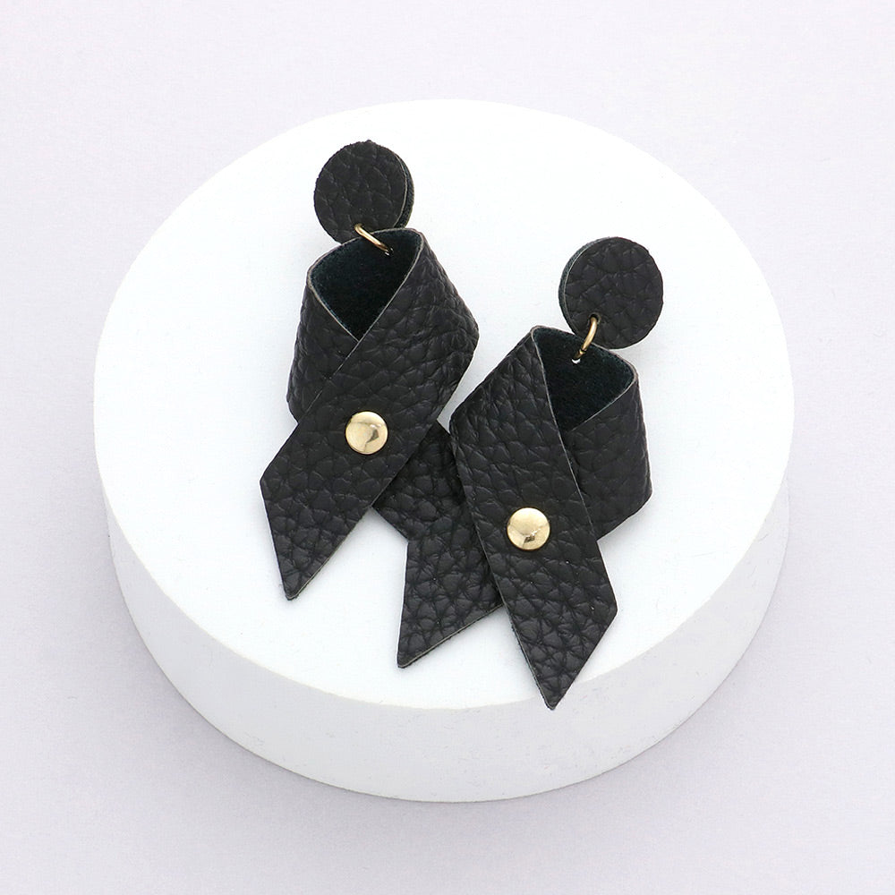 Madeline Love Black, Worn Gold Faux Leather Ribbon Dangle Earrings