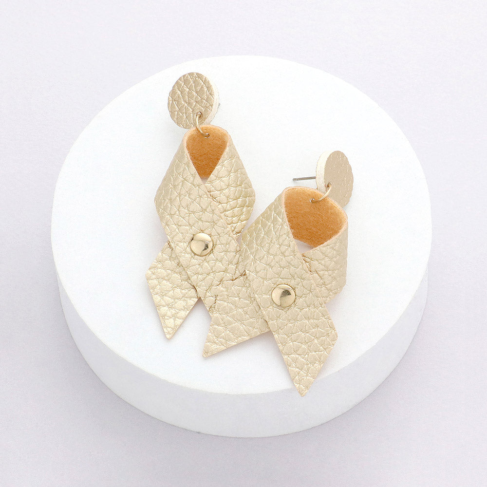 Madeline Love Gold, Worn Gold Faux Leather Ribbon Dangle Earrings