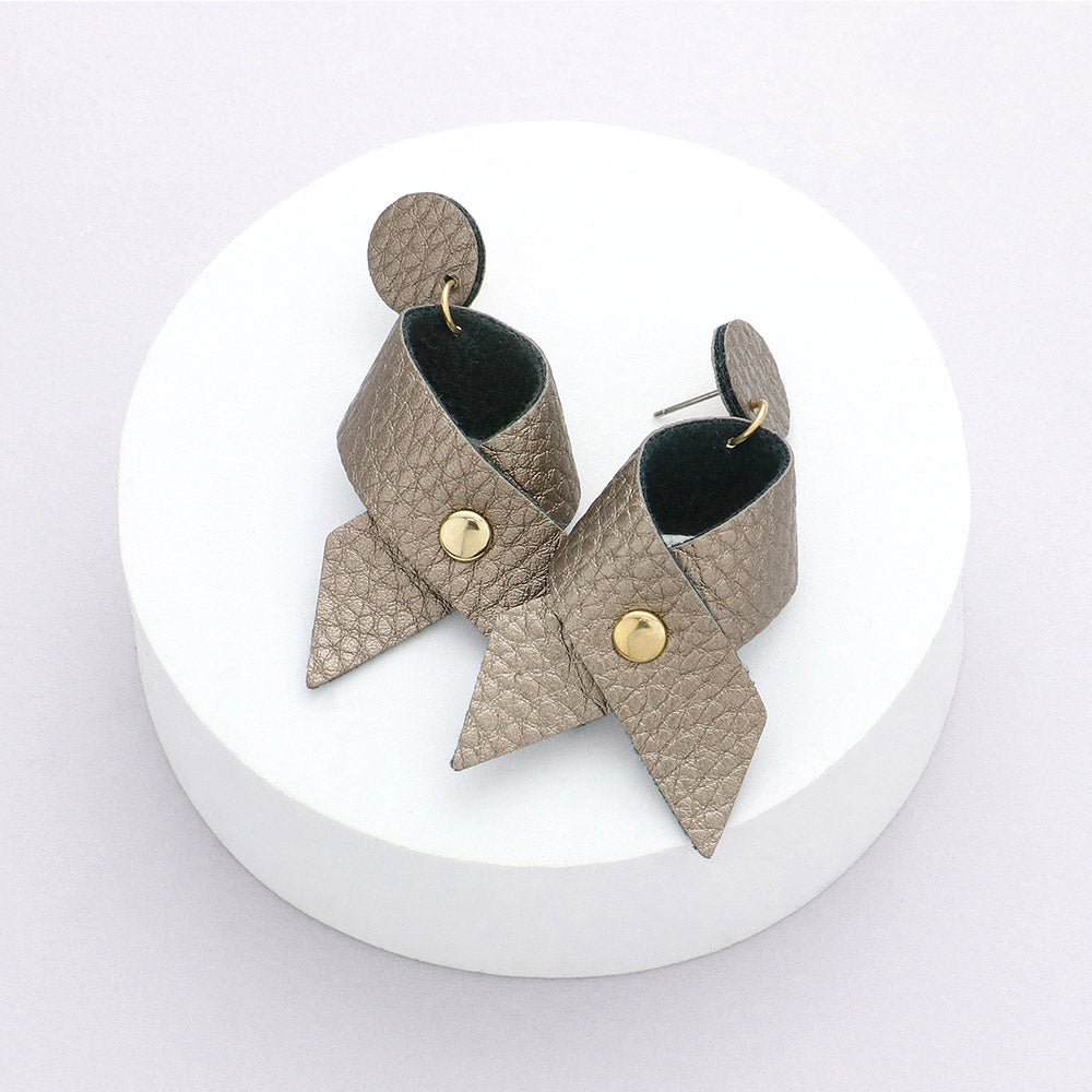 Madeline Love Hematite, Worn Gold Faux Leather Ribbon Dangle Earrings