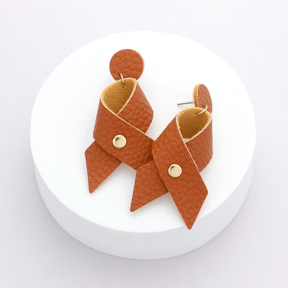 Madeline Love Brown, Light, Worn Gold Faux Leather Ribbon Dangle Earrings
