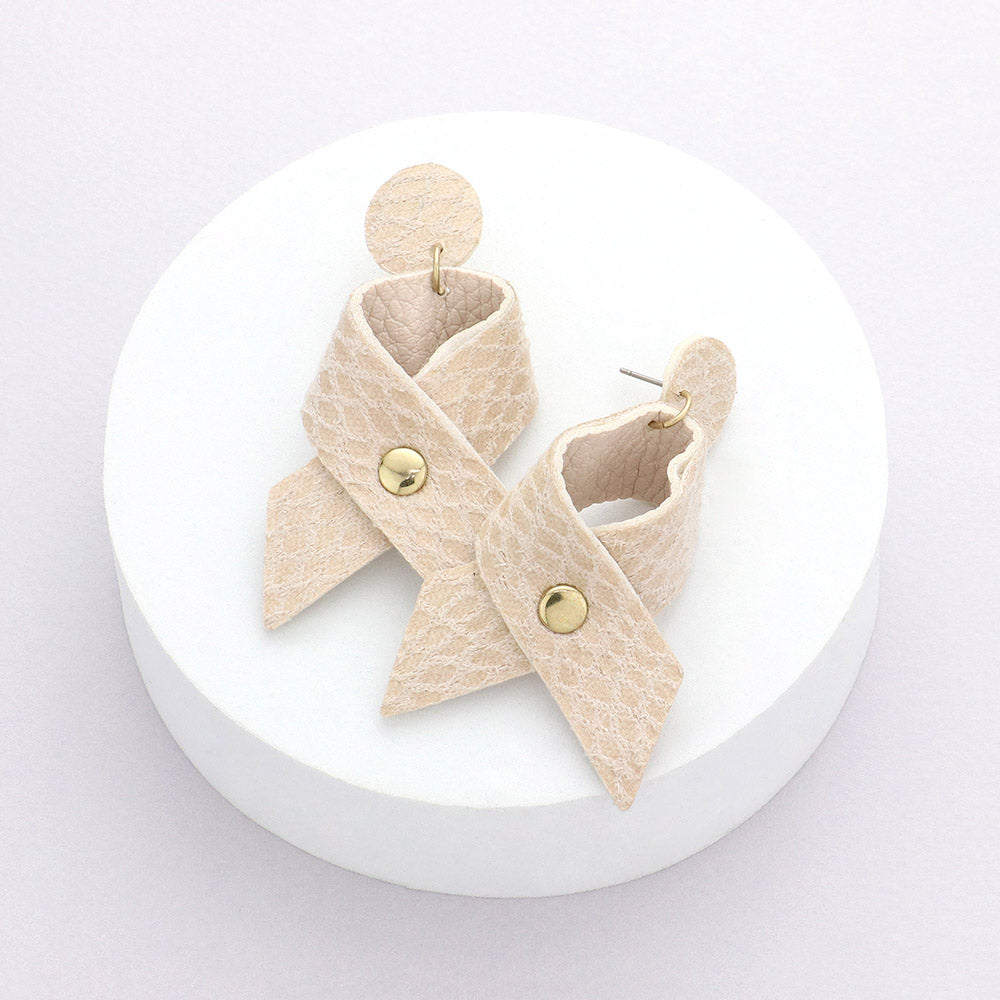 Madeline Love Neutral, Worn Gold Snake Patterned Faux Leather Ribbon Dangle Earrings