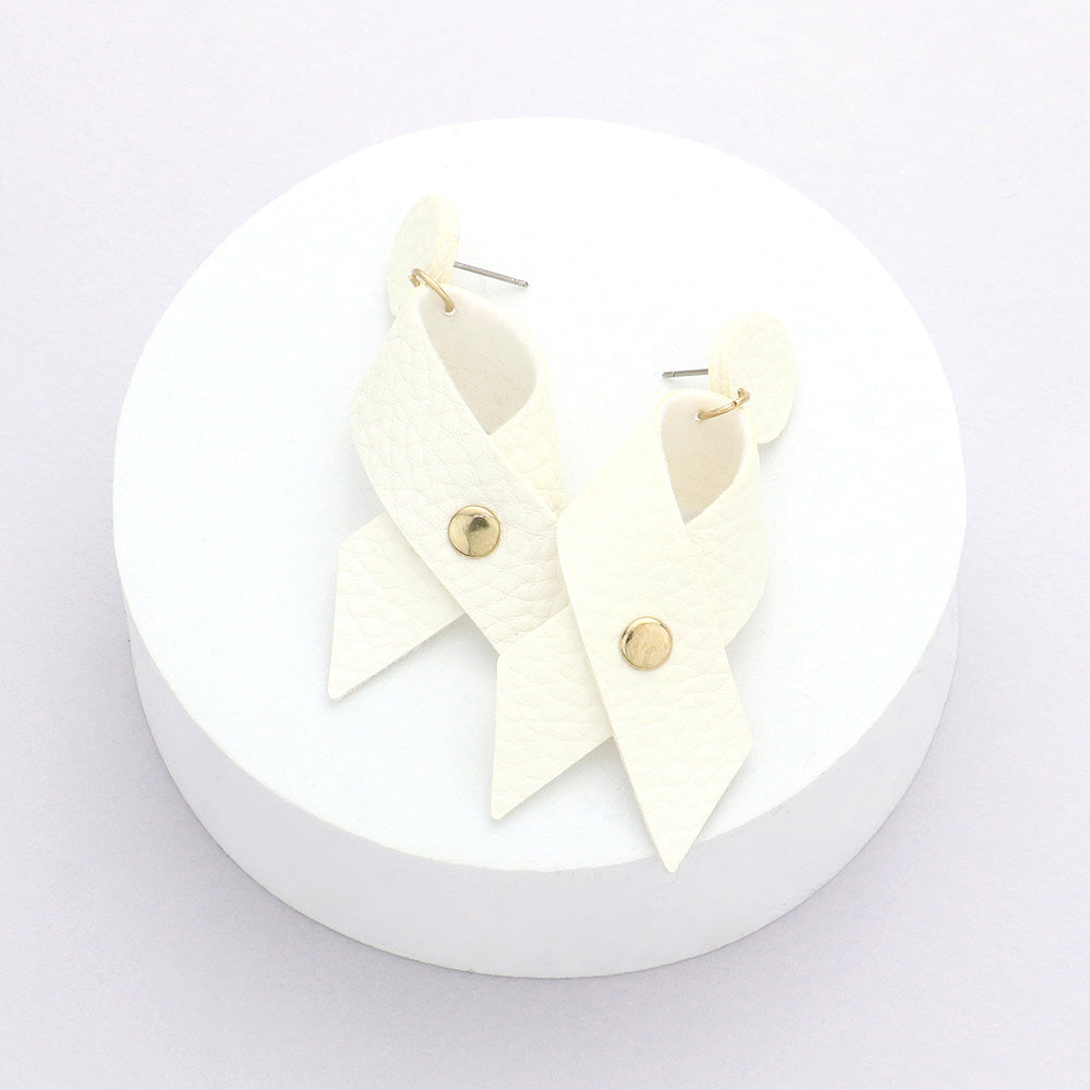 Madeline Love White, Worn Gold Faux Leather Ribbon Dangle Earrings